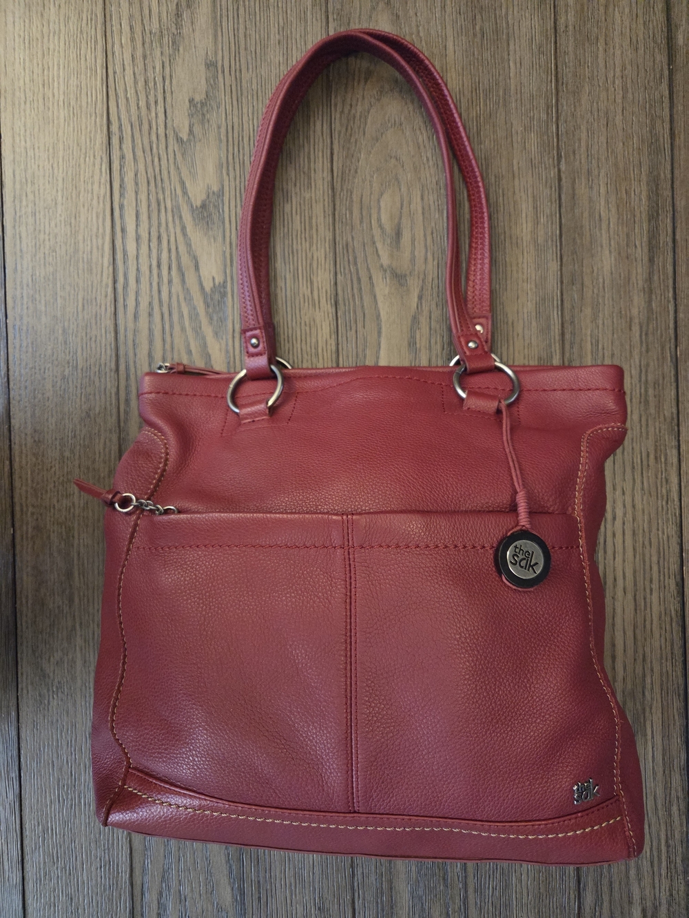 The Sak Red Leather Shoulder Bag with Front Pocket